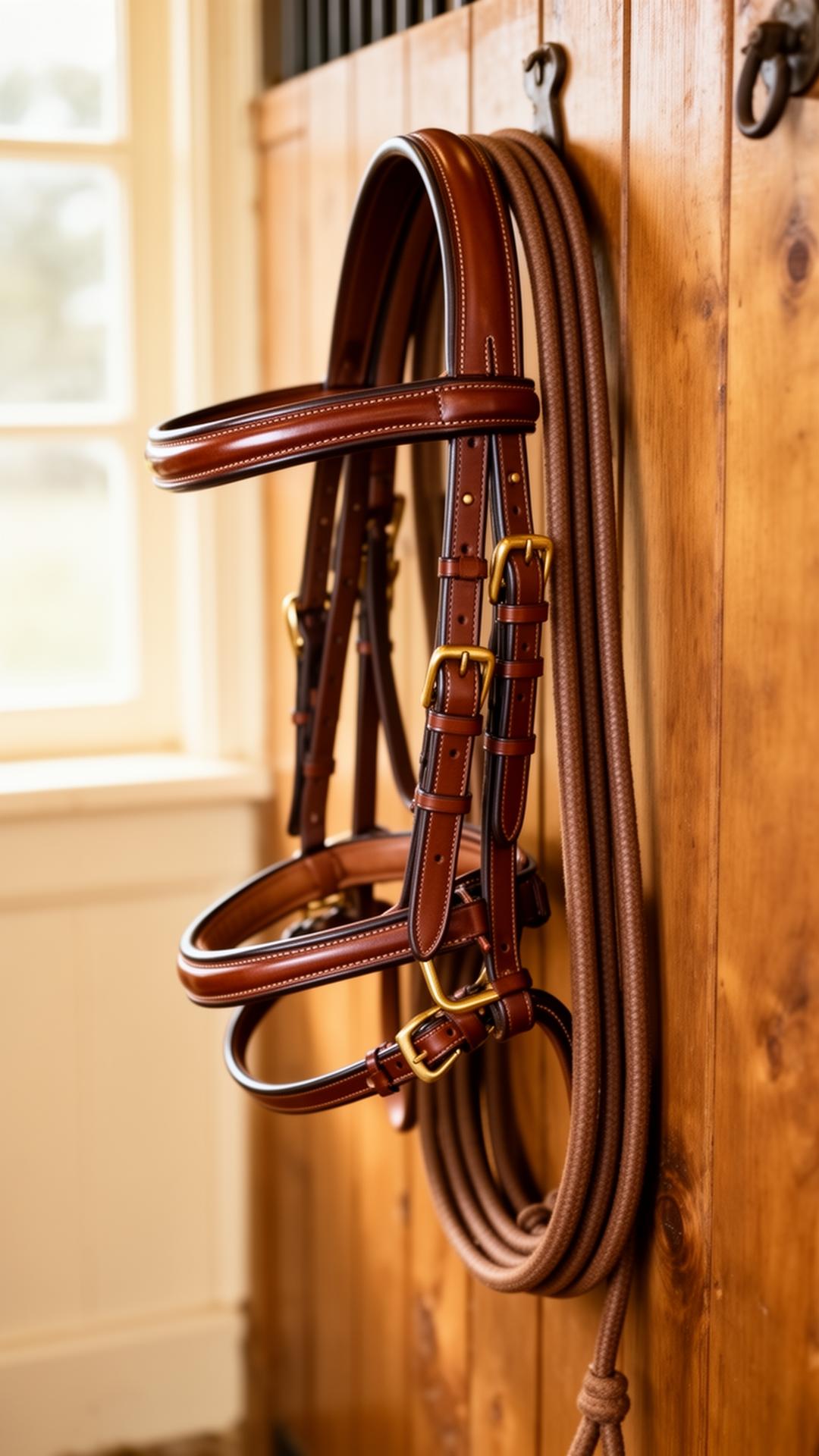 Polished English bridle and lead rope hanging in a sunlit stable
